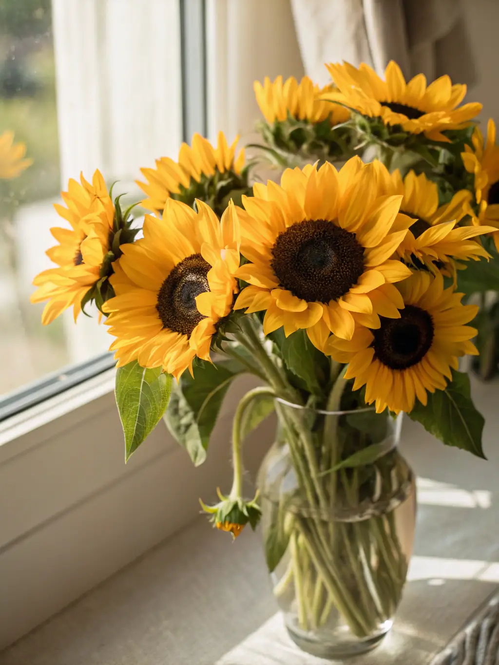 A high-quality image of a cheerful and colorful arrangement of gerbera daisies and sunflowers, ideal for birthday celebrations, set against a bright, sunny backdrop.