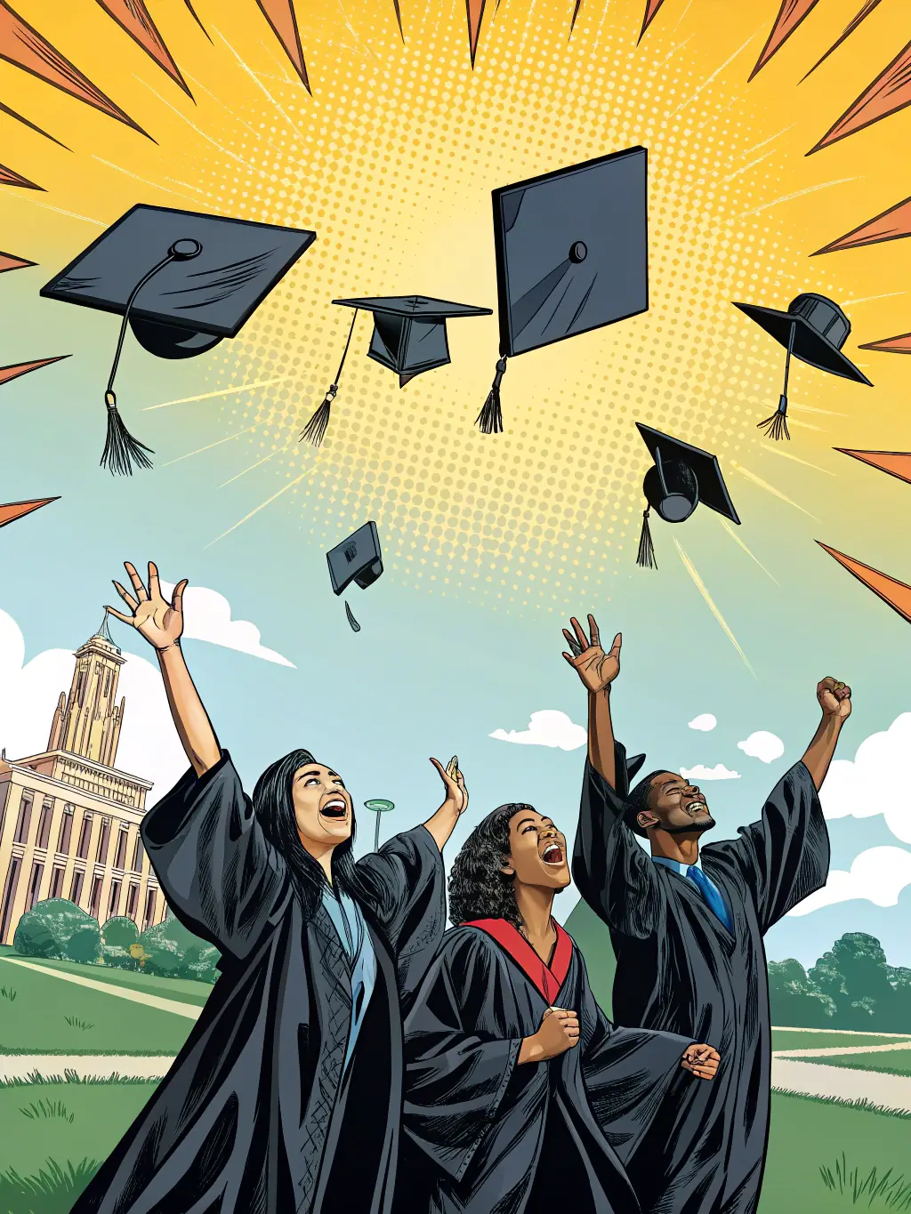 A festive and joyful arrangement of mixed flowers, including lilies and carnations, designed for graduation celebrations, displayed with graduation caps and diplomas in the background.