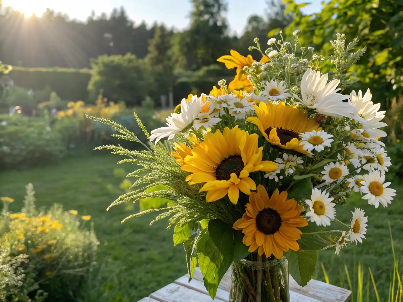 A cheerful display of sunflowers and daisies in a rustic wooden container, representing the bright and joyful selections at Leroy's Florist GA.