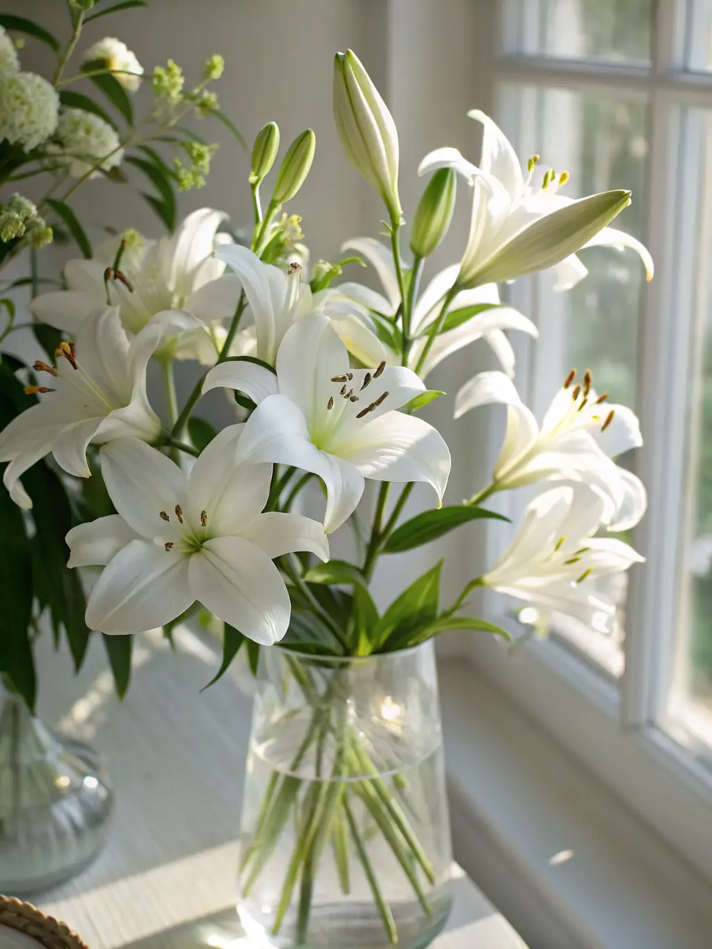 A beautifully composed image of a sophisticated white orchid arrangement, symbolizing purity and elegance, suitable for sympathy or memorial services, placed in a serene setting.