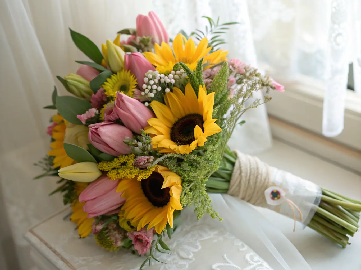 A vibrant bouquet of mixed seasonal flowers arranged in an elegant vase, showcasing the artistry of Leroy's Florist GA. The arrangement includes roses, lilies, and greenery, set against a soft, natural background.