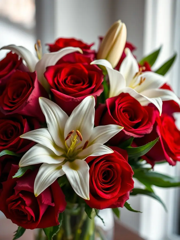 A vibrant, professionally arranged bouquet of red roses and white lilies in a glass vase, set against a softly blurred background of a flower shop.