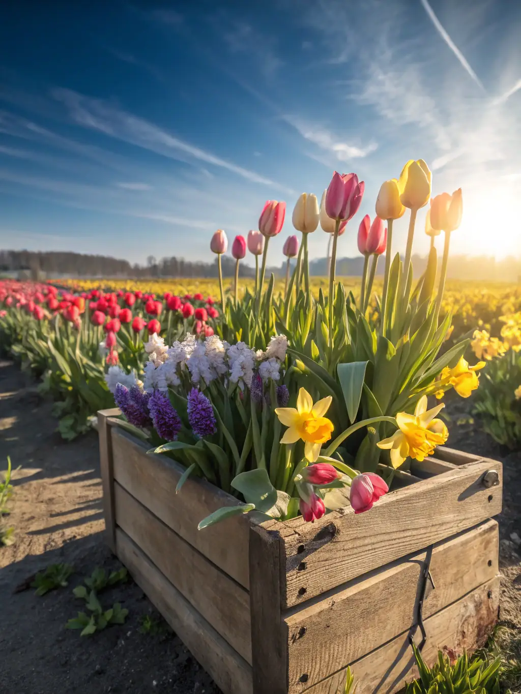 A rustic wooden basket filled with a colorful assortment of wildflowers, including daisies, sunflowers, and lavender, placed on a wooden table.