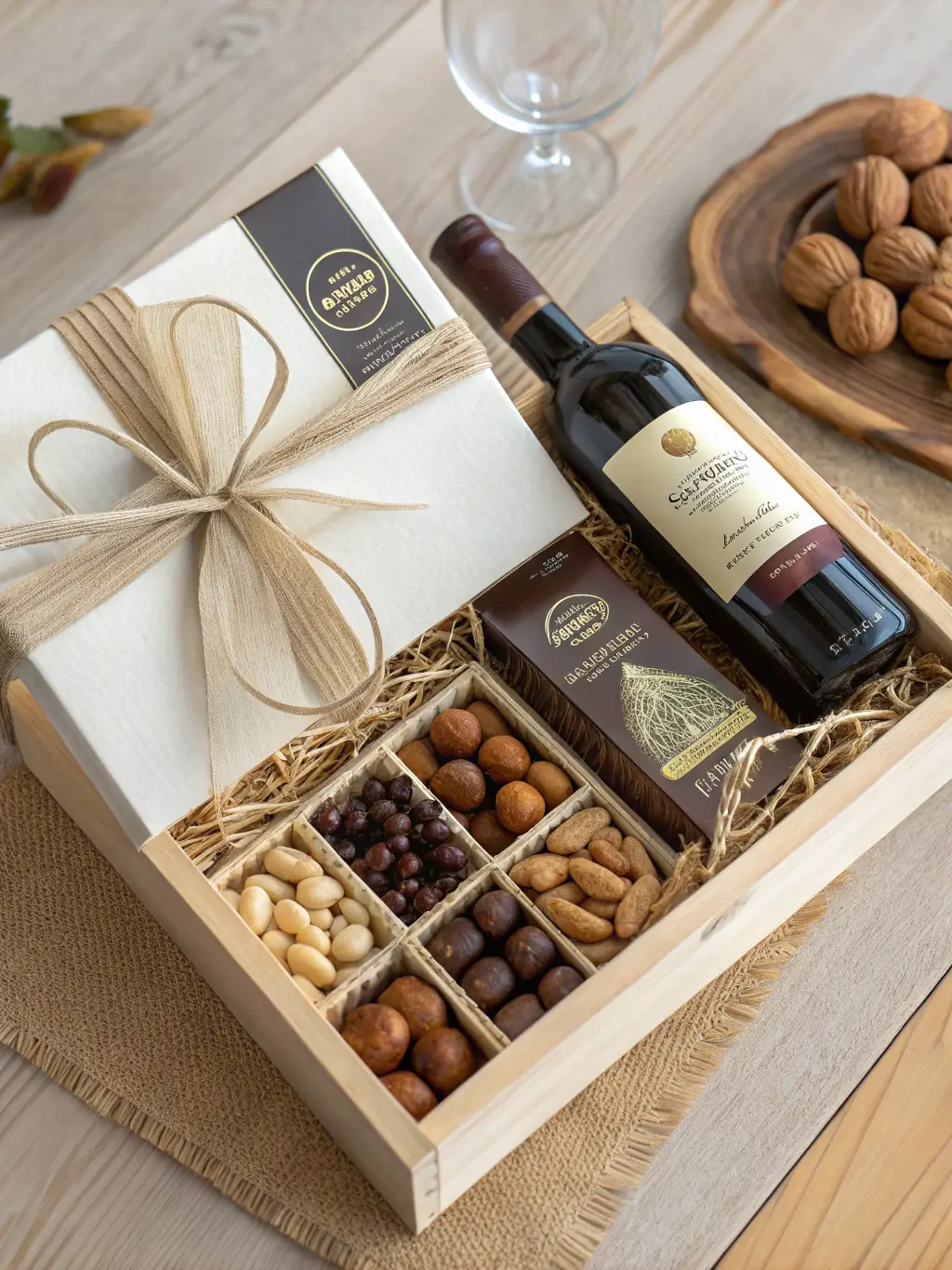 A cheerful gift basket filled with gourmet chocolates, artisanal cheeses, and a small potted plant, wrapped in cellophane and tied with a ribbon.